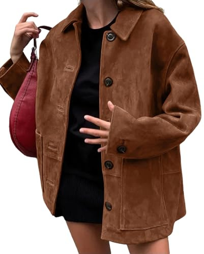 Damen Herbst Boyfriend Faux Wildleder Jacke Casual Midi Long Button Down Shacket Mantel (Braun,L)