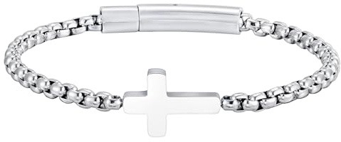 XUANPAI Herren-Armband mit Kreuz-Anhänger, Edelstahl, voller Glanz, quadratische Perle, 4 mm Breite, 19 cm Gesamtlänge, runder Karabinerverschluss für Damen und Herren