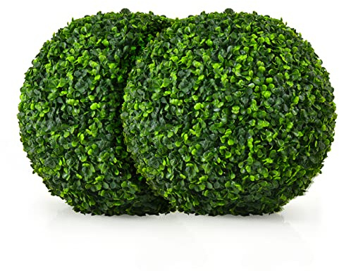 Artificial Topiary Balls, Set of 2 Round Fake Boxwood Leaf Plants, Indoor Outdoor Decorative Faux Buxus Grass Balls for Home Office Garden