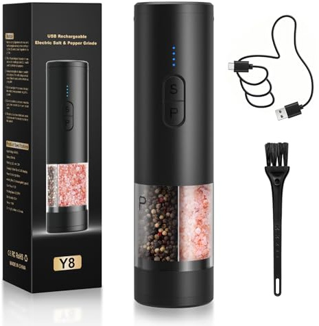 Electric Salt and Pepper Grinder Set Shakers 2 in 1-Rechargeable Automatic Pepper Mill, LED Lighting,Adjustable Grinder,Large Capacity-Ideal for Kitchen, BBQ (Black)