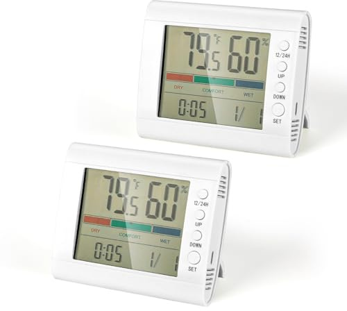 Romon Thermometre Interieur, 2 Pieces Thermomètre Hygrometre Options De Suspension/Support, Testeur Humidit LCD Intérieur, Pour Réfrigérateur, Thermostat Intérieur, Blanc
