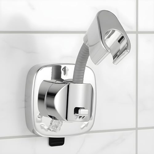 Support de pommeau de douche, support mural réglable à 360°, sans perçage, adhésif puissant, support de baguette étanche, finition chromée, convient aux poignées jusqu'à 2,1 cm d'accessoires de salle