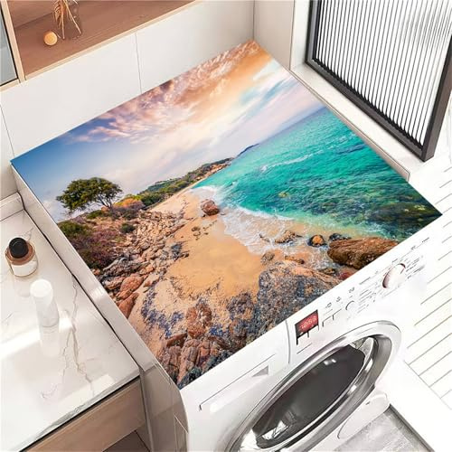 Highdi Housse de Protection pour Machine à Laver Top Plage Ensoleillée, Coussin de Machine à Laver Antidérapant, Tapis de Protection pour Dessus Sèche-Linge Séchage Rapide (Plage 1,30x40cm)