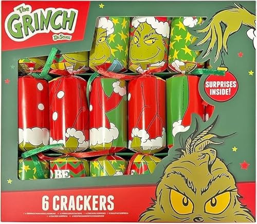 The Grinch Christmas Crackers 6 Pack – 30cm Luxury Festive Table Crackers with Hats Jokes & Surprise Gifts – Fun Family Party Favour Decorations for Kids & Adults Holiday Dinner Celebrations