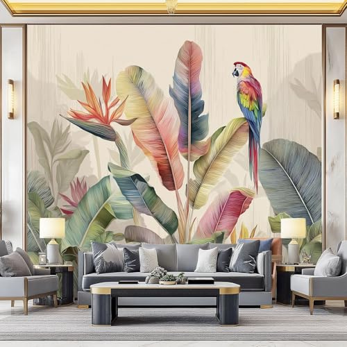 Mural de pared decorativo Vistoso, Diseño Acuarela Pájaro Selva Hoja de palma, Papel pintado de alta definición, transpirable y resistente, ideal para salón, dormitorio u oficina 350 x 256 cm