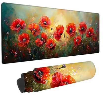 Alfombrilla Ratón Gaming XXL, Gaming Mouse Pad 600 x 300 mm, Protector Escritorio Antideslizante, Alfombrilla de Ratón Amapola, Mousepad Grande, Tapete Raton para Jugadores de PC, Oficina h-871