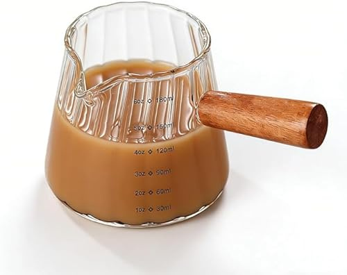 Espresso Measuring Cup, 180ml/6oz Measuring Jugs Espresso Coffee Cup with V-Spout, Dual Scale, Heat-Resistant Espresso Shot Glass for Coffee Machine, Wooden Handle, Coffee Machine Accessories (White)