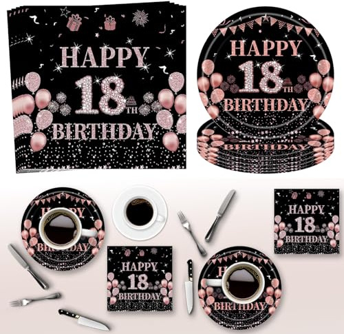 exatta Roségold Partygeschirr für 16 Gäste, 18 Geburtstagsdeko Servietten | Rose Gold Geburtstagdeko Pappteller Servietten,für Männer Frauen Happy Birthday Servietten Decorations