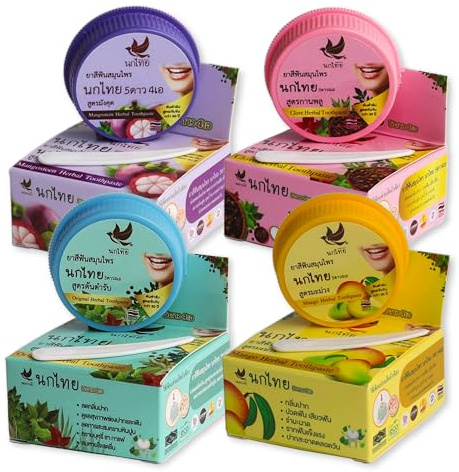 NOKTHAI Lot de 4 dentifrices aux herbes 25 g – Dentifrice thaï concentré naturel – Original, clou de girofle, mangoustan et mangue – Blanchissant et haleine fraîche – Format voyage
