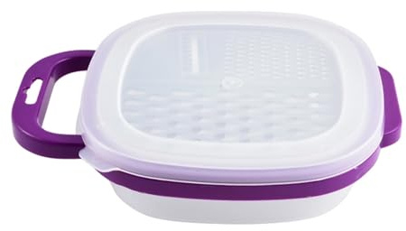 6-in-1 Cheese Grater with Container, Stainless Steel Blades, Coarse Medium Fine Micro Grating and Slicing, Handheld with Measuring Lid, Mess-Free, 17x5x17cm (Purple)