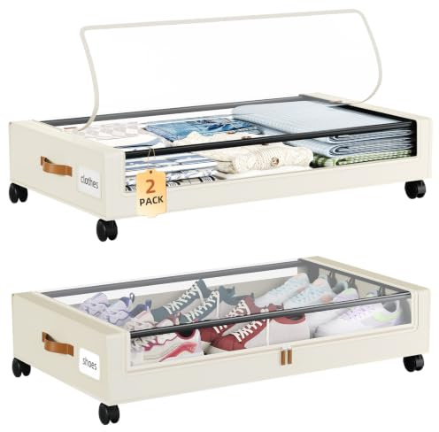 Somdot Unterbett Aufbewahrungsbox mit Rollen, 48L, 2er-Set, Beige | Bettkasten, Unterbettkommode mit Rollen, Sichtfenster, Großer Stauraum für Schuhe, Kleidung, 43,5T x 78,5B x 17H