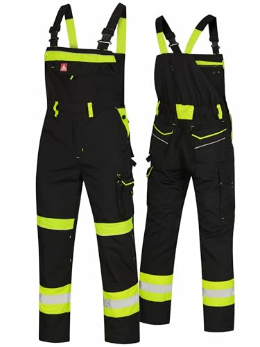 Latzhose Herren Arbeitshose mit 11 Taschen Reflexstreifen und Kniepolstertaschen Arbeitskleidung Männer Warnschutz Arbeitslatzhose Rettungsdienst Hose Straßenbau KfZ Abschleppdienst Handwerk Montage
