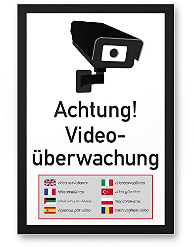 Komma Security Achtung Videoüberwachung mehrsprachig Schild 20 x 30 cm - Achtung Vorsicht Videoüberwachung - Hinweis Hinweisschild Videoüberwacht - Warnschild Warnhinweis Videoüberwachung