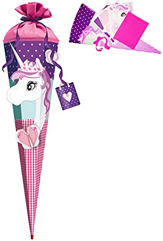 alles-meine.de GmbH BASTELSET - 3D Effekt - Schultüte - Einhorn - Pferd & Herzen - 85 cm - mit Holzspitze - Filzabschluß - Zuckertüte - incl. Rohling - Bastelschultüte - Set ..