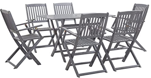 vidaXL Akazienholz Massiv Gartenmöbel 7-TLG. Sitzgruppe Gartengarnitur Gartenset Sitzgarnitur Gartentisch Esstisch Klappstühle Grau