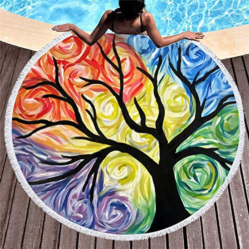 Morbuy Strandtuch Rund 150 Böhmen Pflanze, Handwerk Quaste Mikrofaser Strand Yoga Matten Tragbare Tapestry Überwurf Tischdecke Picknickdecke Badetuch Schal 2 Clips (150cm,Bunter Baum des Lebens)