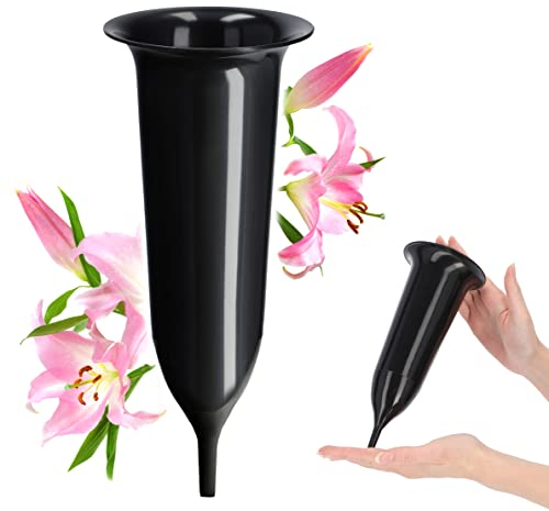 KADAX Jarrón funerario, jarrón de plástico, florero de plástico para Flores, jarrón de Cementerio, Resistente a Las heladas, jarrón para Tumba, decoración Resistente (10 cm, con estaca, Negro)