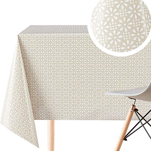 Beige Retro Wachstuchtischdecke mit Weiß Blumendruck, Abwischbare PVC Wachstuch - Rechteckige 250 x 140 cm - 8 Sitzplätze, Blumen Wachstischdecke Pflegeleicht Creme Vinyl Tischdecke Wasserdichtes