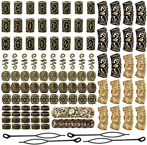 Queta Wikinger Rune Perlen, Nordic Bartperlen, Flechtperlen, Haarperlen, Haarverlängerung Nadel Einfädler Schlaufennadel Microringnadel für Haar Bart Schmuck DIY Halskette Halskette Anhänger (Golden)