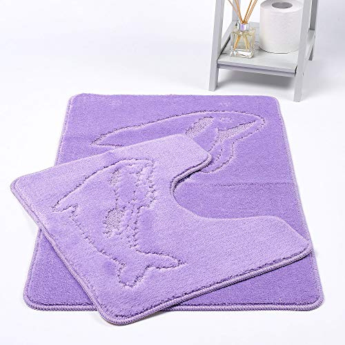 HOMES-LINEN Dolphin Bath Mats Non Slip Bathroom Mats 2 Piece Pedestal and Bath Mat Set Toilet Bathroom Rug (Lilac)
