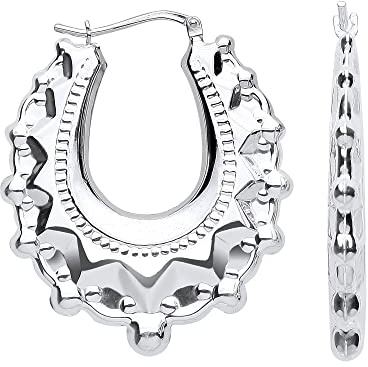 Sterling Silver Large Victorian Style Gypsy Oval Creole Hoop Earrings