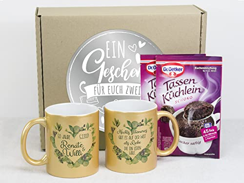 GRAZDesign Tasse Goldene Hochzeit, Personalisiertes Geschenk zur Hochzeitstag 50 Jahre, Geschenkset mit Spruch und Eukalyptus, 330 ml aus Keramik