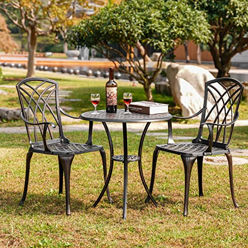 Withniture 3-teiliges Bistro-Terrassen-Set, Aluminiumguss, Terrassenmöbel-Set, Allwetter-Bistrotisch und Stühle, 2er-Set mit 5 cm Schirmloch, Outdoor-Terrassen-Bistro-Sets für Garten (Antik-Bronze)
