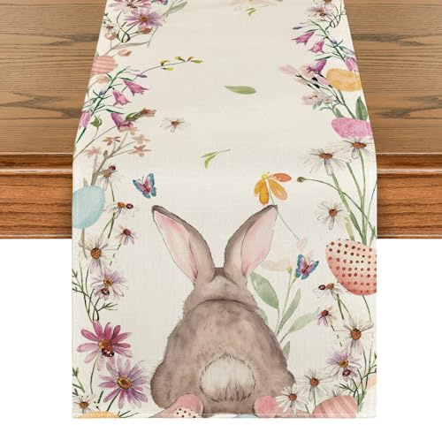 Artoid Mode Blume Hase Osterei Ostern Tischläufer, Waschbar Modern Frühling Küche Esstisch Dekoration für drinnen und draußen Urlaub Party Wohnzimmer Dekor 40 x 100 cm