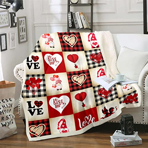 Niedliches Wichtel Decke 100x130 Valentinstag Hochzeit Decke Werfen für Kinder Jugendliche Erwachsene Rot Schwarz Weiß Büffel Kariert Fuzzy Decke Patchwork Retro Liebesherzen Fleece Decke