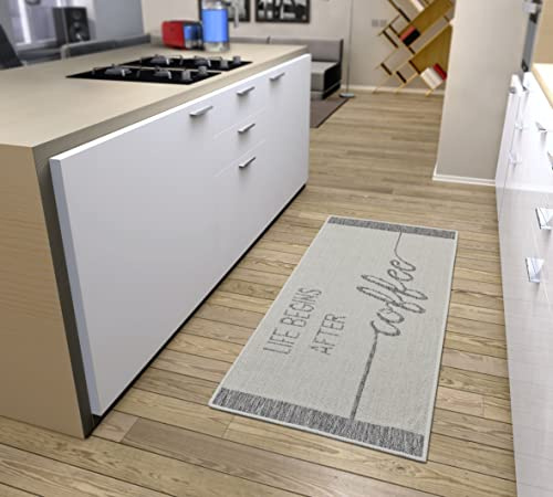 HANSE Home Life Begins - Tapis de Cuisine avec Inscription - Antidérapant - Facile d'entretien - Robuste - Certifié Öko-Tex - pour Cuisine, Couloir, Salle à Manger - Gris crème - 62 x 150 cm