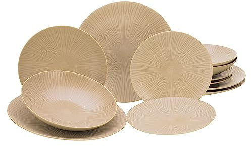 CreaTable, 23920, Serie Vesuvio Sand, 12-teiliges Geschirrset für 4 Personen, Teller Set aus Steinzeug, spülmaschinen- und mikrowellengeeignet, Made in Europe