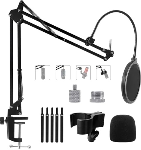 Mic Stand Boom Arm for Blue Yeti, Nano, HyperX QuadCast Snowball Fifine and More Mic, Adjustable Boom Arm Desk Microphone Stand with 3/8 to 5/8 1/4 Screw, Pop Filter Mic Clip Cable Ties