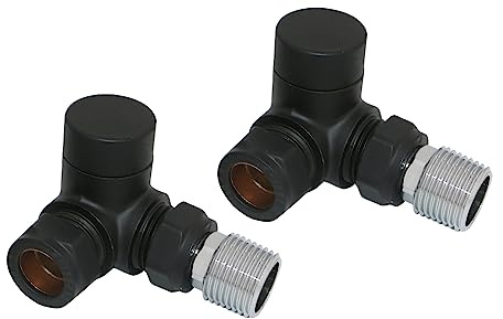NRG Black Towel Rail Corner lockshield Radiator Valve 1 Pair | 15mm Inlet, Compact, For Radiators, Towel Rails, Bathroom Central Heating Taps