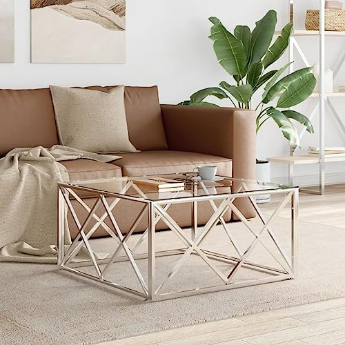 Festnight Couchtisch Edelstahl und Glas Beistelltisch Glas Kaffeetisch Teetisch Beistelltische fürs Wohnzimmer Couchtisch Wohnzimmer Sofatisch Silbern 80x80x40 cm