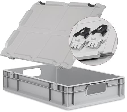 Eurobox NextGen Economy 60x40x12cm Griffe offen mit Scharnierdeckel grau, Kunststoffbox 23 Liter, Transportbox Lagerbox Campingbox stapelbar, Farbe Deckel-Verschlüsse wählbar (Verschluss Schwarz)