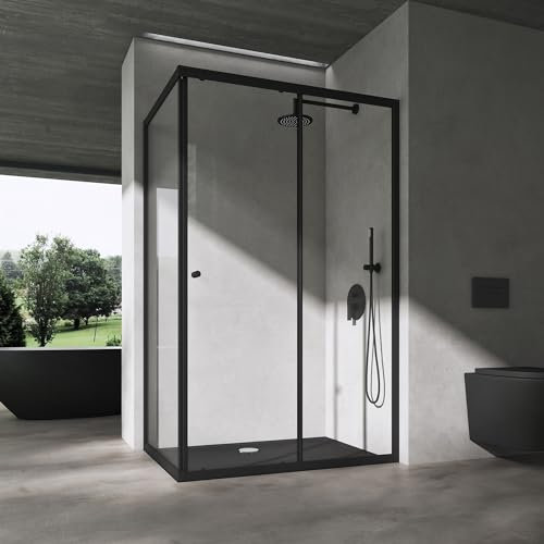doporro Duschkabine Schiebetür Duschabtrennung 90x90cm Eckeinstieg Klarglas Eckdusche ESG Glas inkl. Duschwanne Höhe 190cm schwarz Ravenna16L K