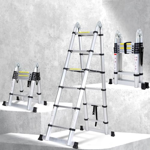 Joparri 3,8 m (1,9+1,9) Scala telescopica in alluminio, pieghevole, multiuso, portatile, estensibile, max carico 150 kg/330 libbre, antiscivolo, argento