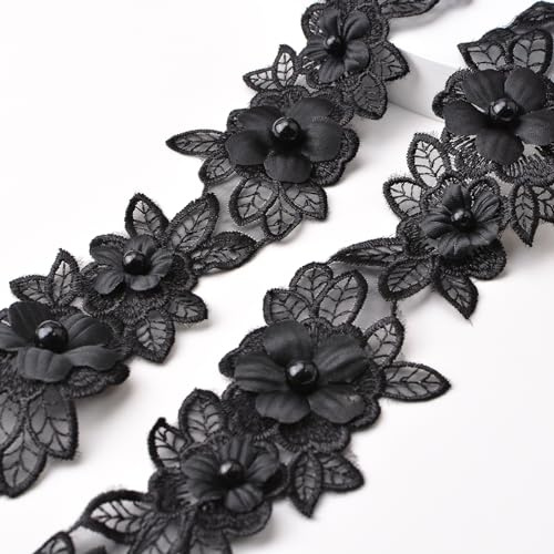URROMA 2 m Schwarze Blumen-Spitze, Schwarz Stickerei-Blumenspitze | Aus hochwertigem Polyester, 3D-Blumen, zum Aufnähen für DIY, Hochzeitsaccessoires, besondere Anlässe