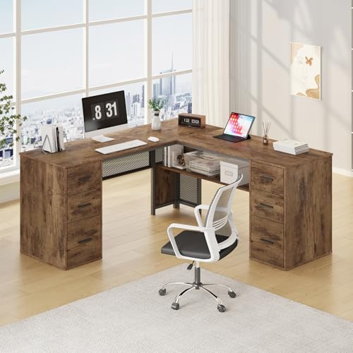 HSH Schreibtisch L Form Eckschreibtisch mit Schubladen Großer Metall Holz Schreibtisch mit Stauraum Schrank und Regalen Umkehrbarer Computertisch Homeoffice Schreibtische Vintagebraun Schwarz 150 cm