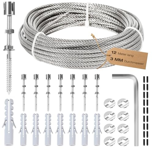 Izrielar Rankhilfe aus Edelstahl für Kletterpflanzen, Rankhilfe, Profi-System als Komplettset mit 12M 3mm 304 Edelstahl Drahtseil für Kletterpflanzen,Seilspanner,Wäscheleine(8 Halter, 12m Seil)