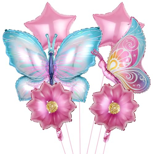 6 Stück Schmetterling Folienballon XXL Blumen Schmetterlinge Helium Ballon | Süße Blumen Schmetterling Stern Ballons für Mädchen Kinder Geburtstag Jubiläum Motto Party