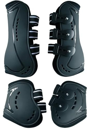 Merauno® Gamaschen & Streichkappen, 4er Set Gamaschen Pferdesehne Bandage mit Robust Elastisch, PU Shell, Neopren atmungsaktiven Löchern für Springen, Reiten, Events (M, Schwarz)