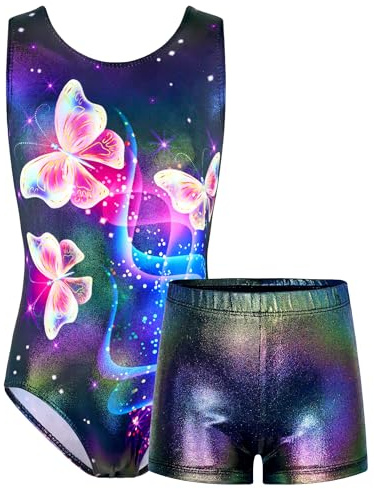 TENVDA Gymnastikanzug für Mädchen von 5–12 Jahren, glitzerndes Tanz-Outfit mit passenden Shorts, Schwarzer Schmetterling B, 8-9 Jahre