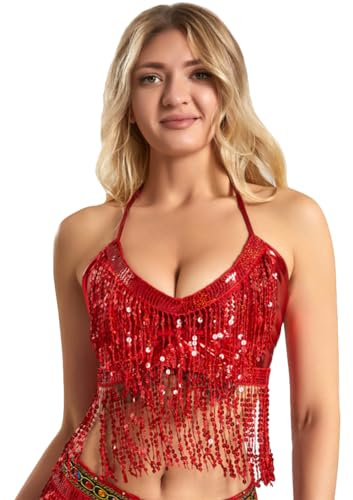 XGOPTS Womens Sequin Belly Dance Bra Top Fringe Tassel Women Dance Costume Halter Crop Lace-up Bra Metallic Rave Camisole Tank Music Festival Crop Top Clubwear Outfit Red