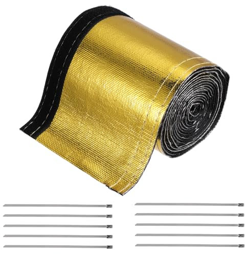 QUARKZMAN Calore Rivestimento Manicotto Alluminato Oro Guaina 40mm 1+1/2 ID x 300cm 10FT per Tubo Filo Calore Protezione con Gancio e Occhiello 10pz Acciaio Inox Fascette
