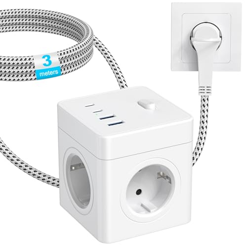 4 Fach Steckdosenwürfel mit USB C | Mehrfachsteckdose Würfel mit Schalter, 3M Kabel & Flachstecker | 16A 250V | für Büro/ZuHause, Weiß