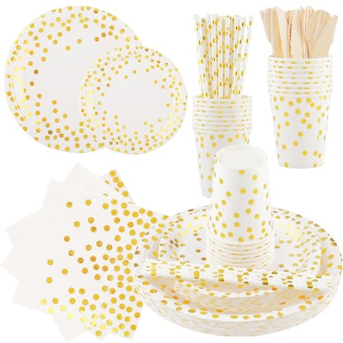 Vexillic Stoviglie per Feste, 200 Pezzi Stoviglie Carta Set per Nuziale Doccia, Fidanzamento Matrimonio e Compleanno (Punti dorati)