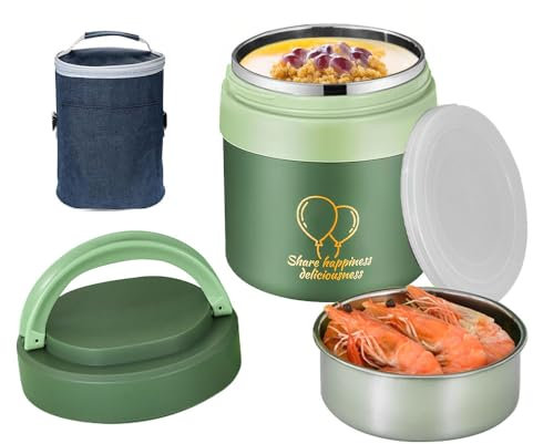 Lotvic Termo para Comida, 1500ml Recipiente Térmico, Termo Comida Caliente, Termo para Alimentos, Fiambrera Térmica para Adultos y Niños, Ideal para Escuela, Oficina, Viajes und Picnic, Verde