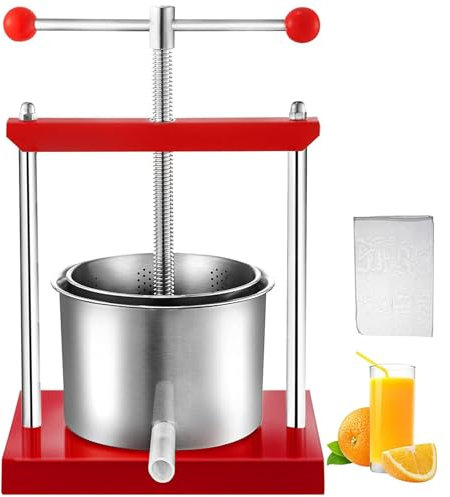 6 l Obst-Weinpresse, manuelle Apfelweinpresse mit Filterbeutel, T-Griff/Edelstahl-Fässer, Saftbereiter, Gemüsepresse, für Saft, Käse, Tinktur, Kräuter, Wein, Olivenöl