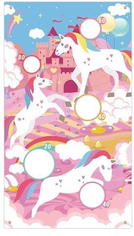 Karnevals-Wurfspiel Banner, Wurfspiel Banner mit Einhorn Muster und 5 Löchern Tragbares Sitzsack Wurfspiel Banner für Partyzubehör für Drinnen und Draußen
